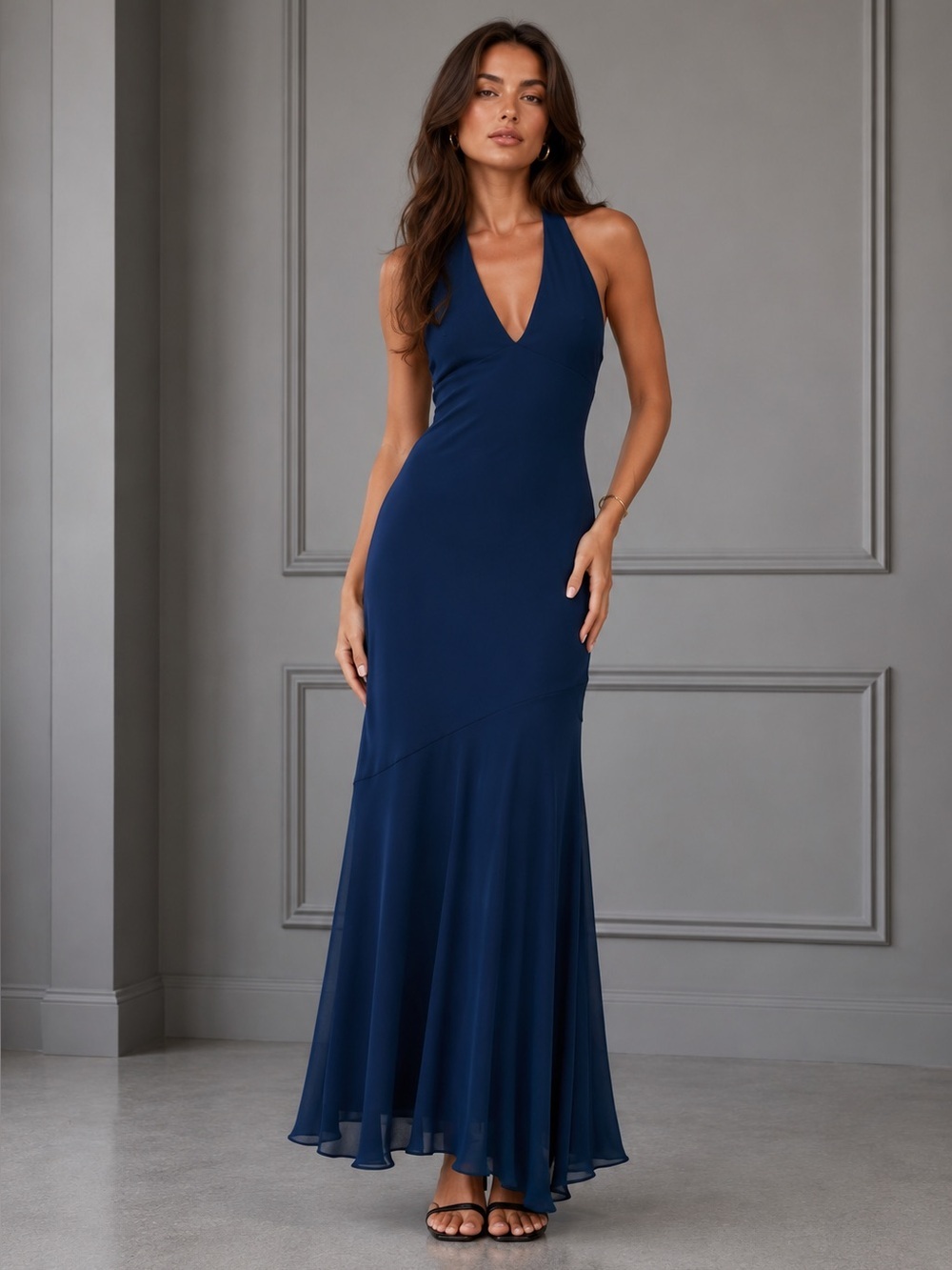 Princess Polly Luannie Halter Scarf Tie Maxi Dress Navy B2833